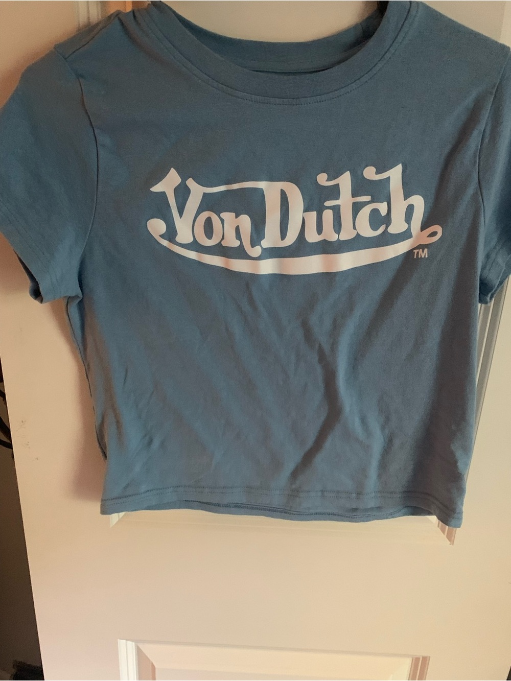 Von Dutch Light Blue Logo Crop Tee with White Script